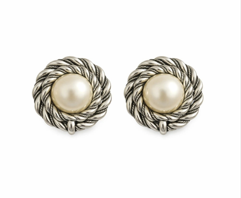 Pearl Vintage style Clip-On Earrings — Silver Rope Frame