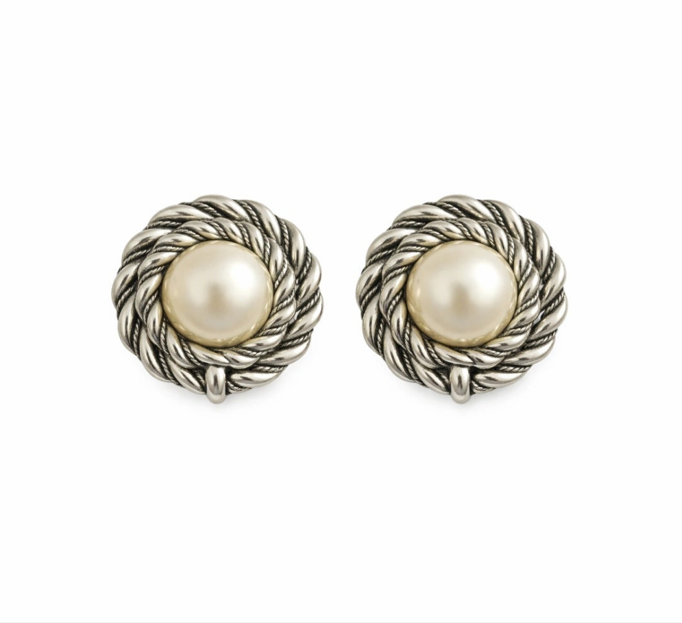 Pearl Vintage style Clip-On Earrings — Silver Rope Frame