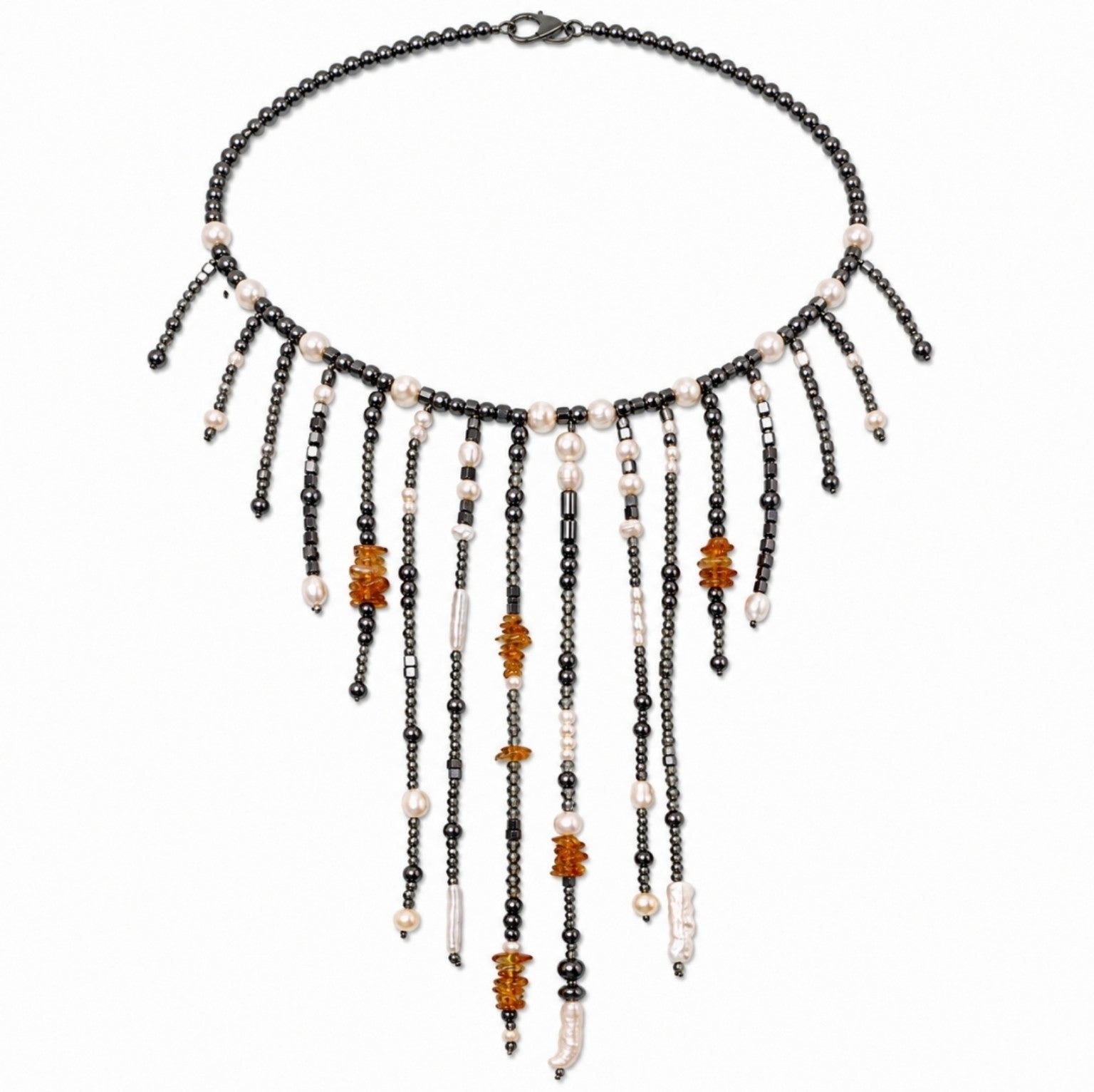 Handcrafted VEERA Amber Rain necklace with pearls, hematite, amber and crystals
