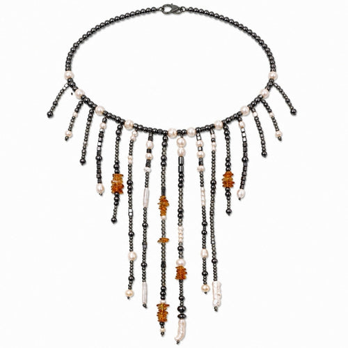 Handcrafted VEERA Amber Rain necklace with pearls, hematite, amber and crystals