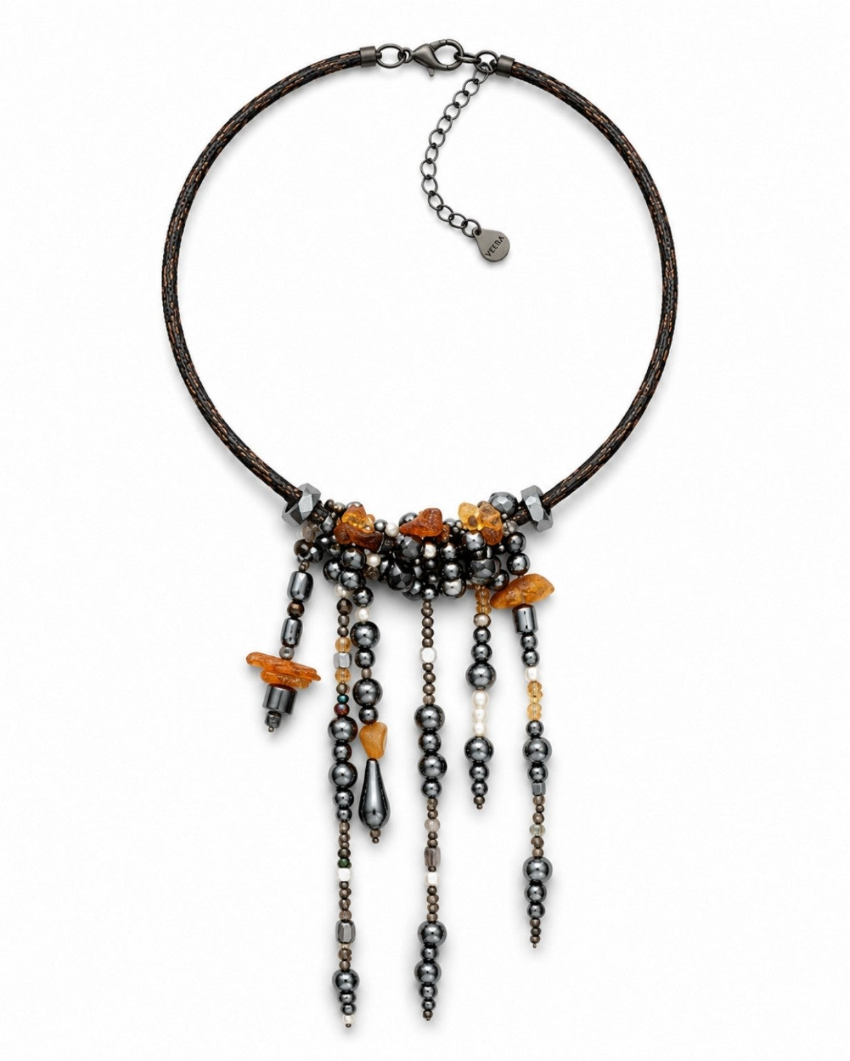Handcrafted VEERA Amber Shadow necklace with hematite, amber, pearls and crystals