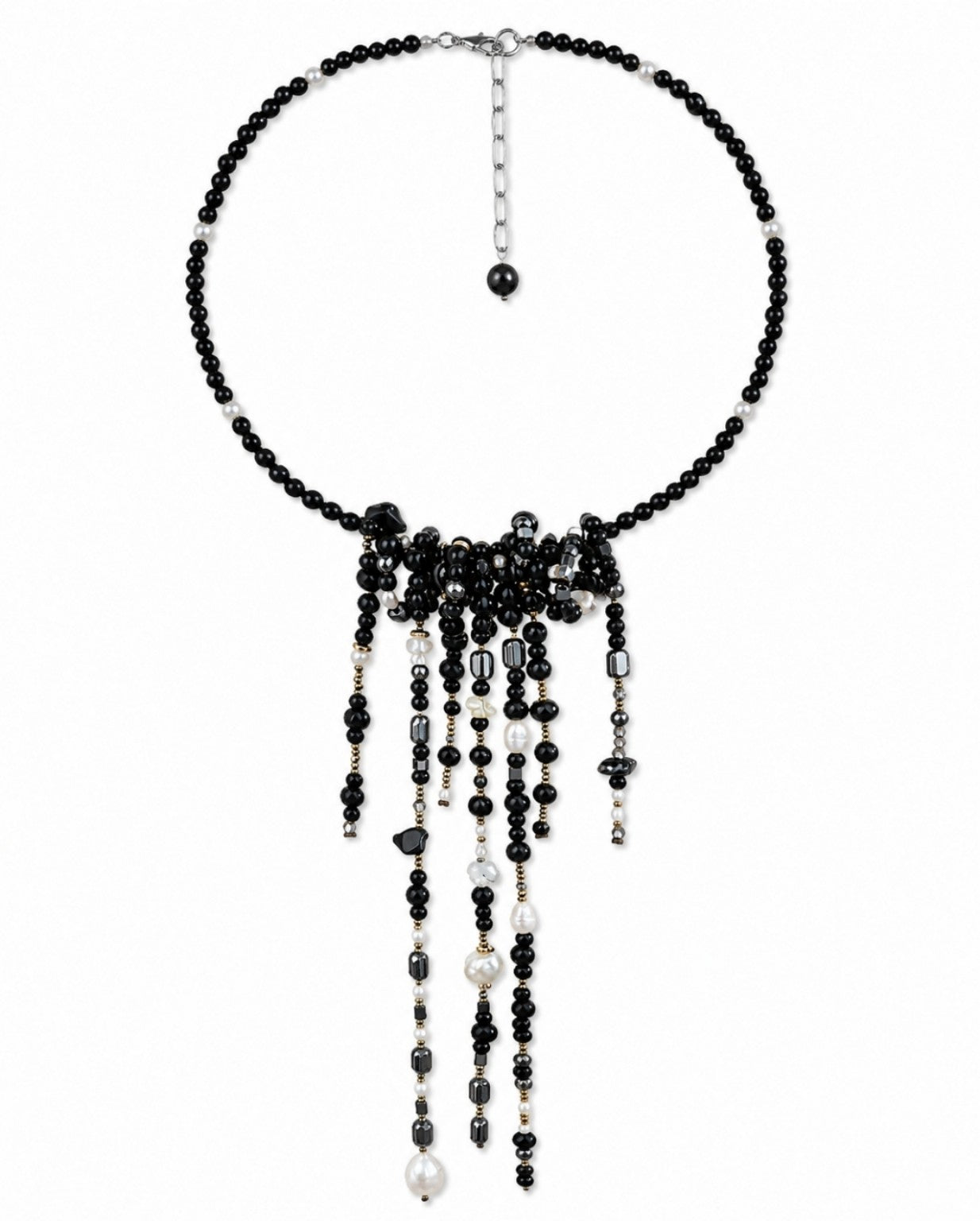 Handmade VEERA Midnight Cascade necklace with hematite, onyx, smoky quartz, pearls and crystals