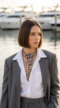 VEERA Northern Cascade necklace worn on model — hematite, grey pearls and rock crystal