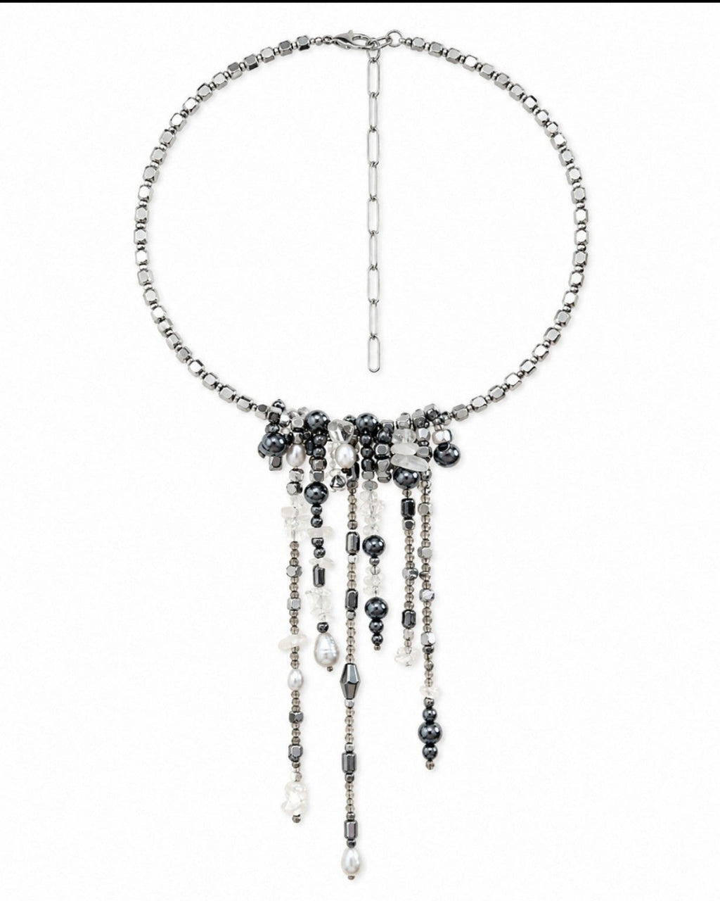 Handcrafted VEERA Northern Cascade necklace with hematite, grey pearls and rock crystal