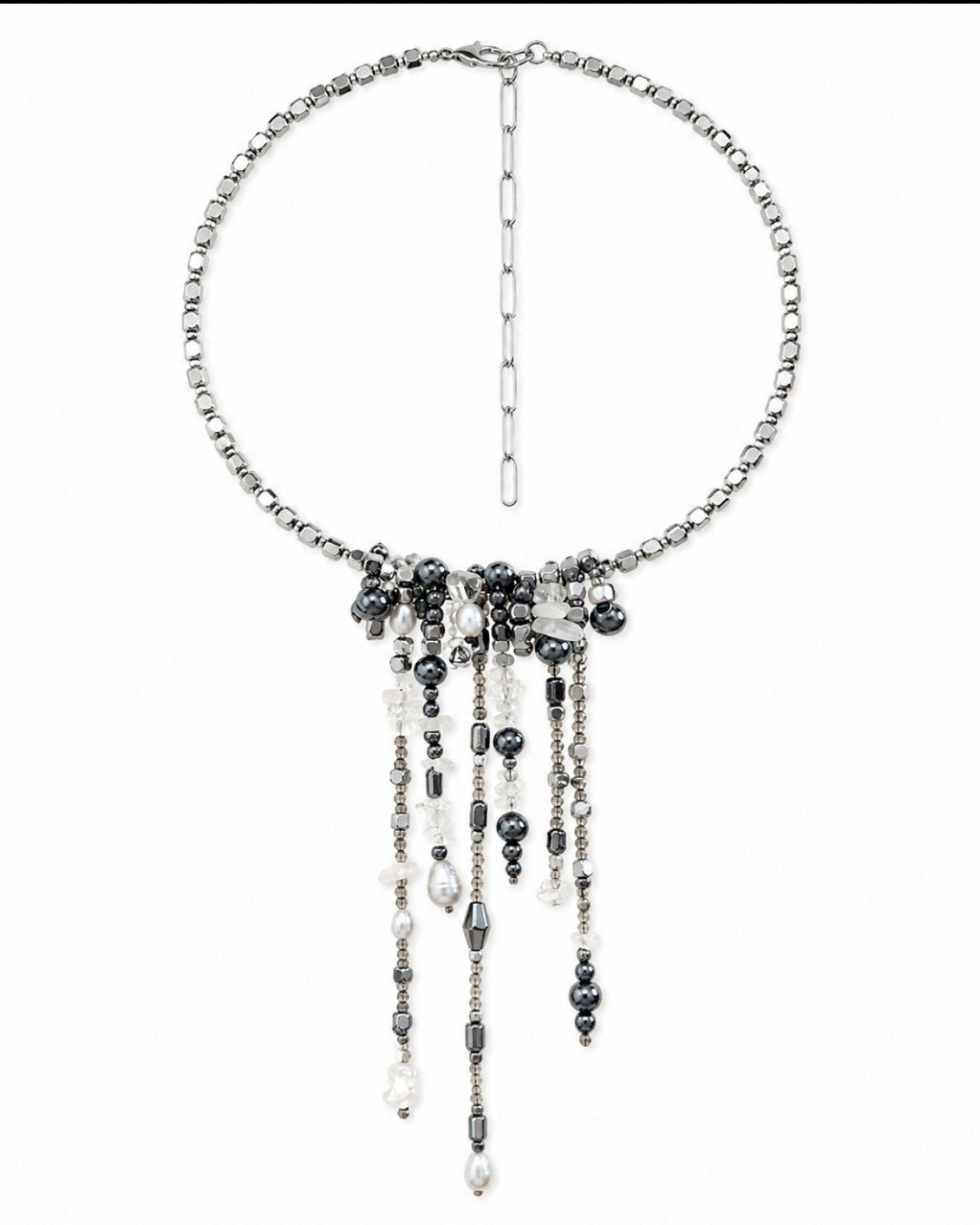 Handcrafted VEERA Northern Cascade necklace with hematite, grey pearls and rock crystal