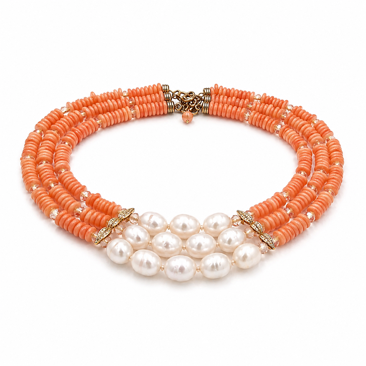 Coral shell & Pearl Statement Necklace — 24K Gold planted Clasp