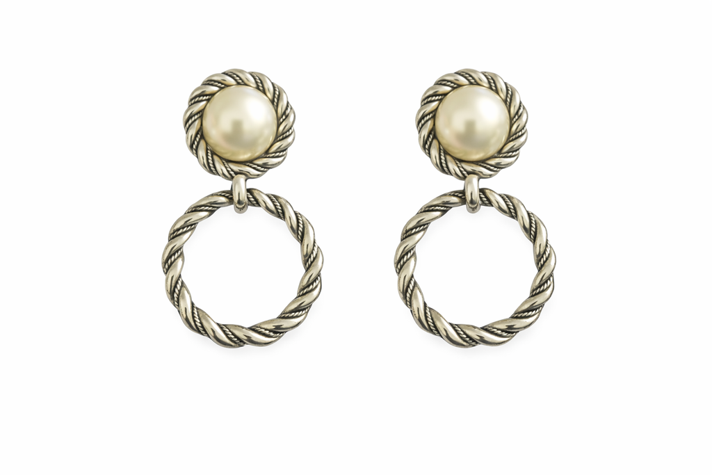 Pearl Vintage style Clip-On Earrings — Silver Rope Frame