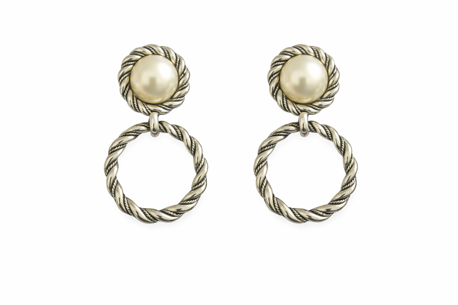 Pearl Vintage style Clip-On Earrings — Silver Rope Frame