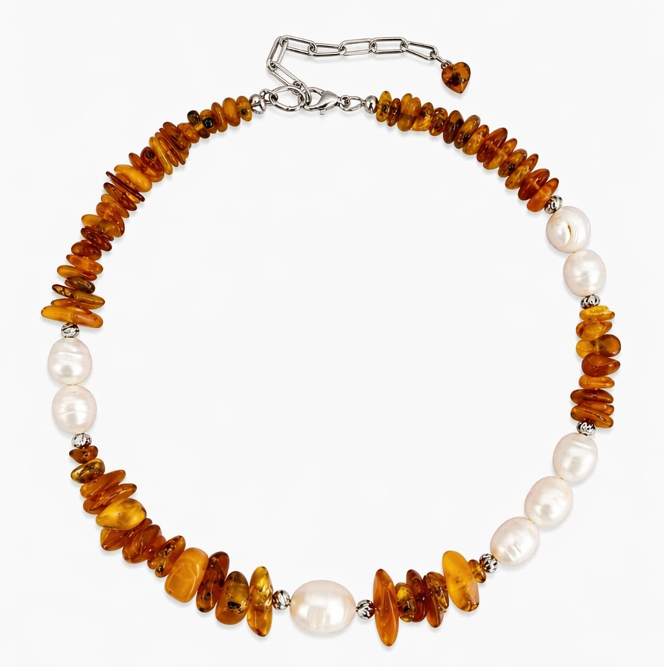 Amber & pearl choker