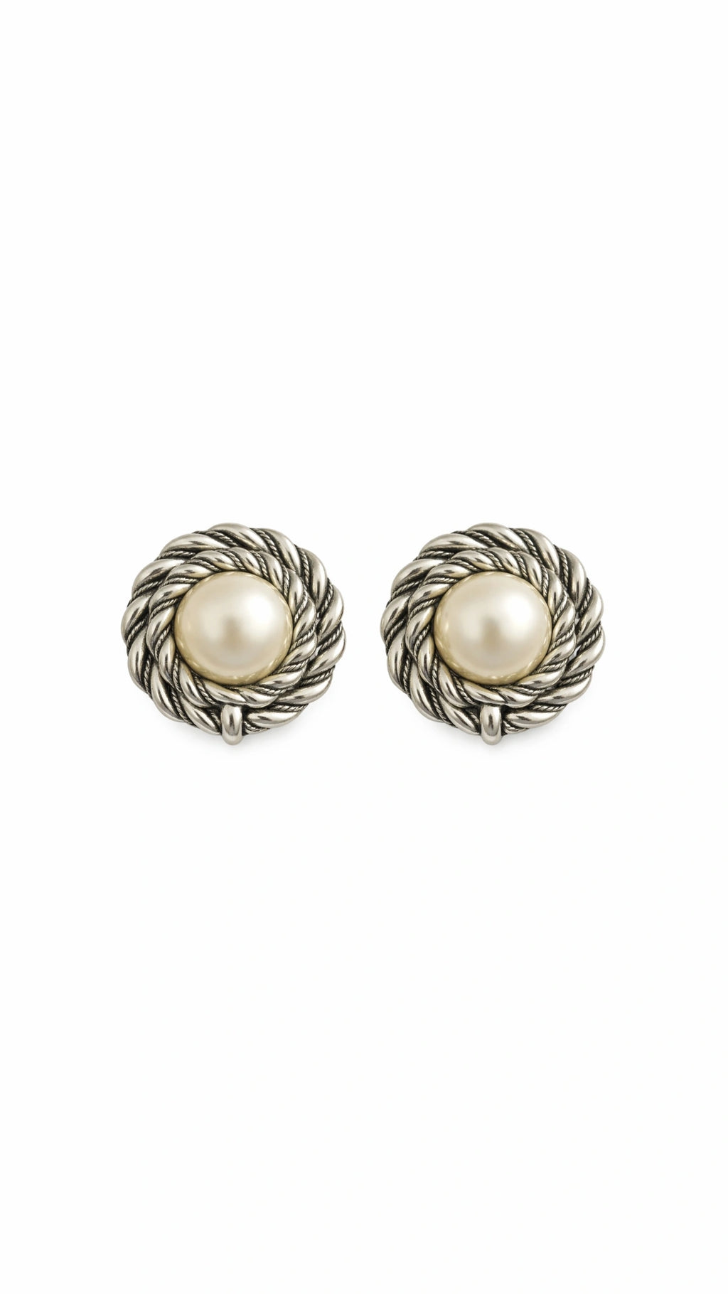 Pearl Vintage style Clip-On Earrings — Silver Rope Frame