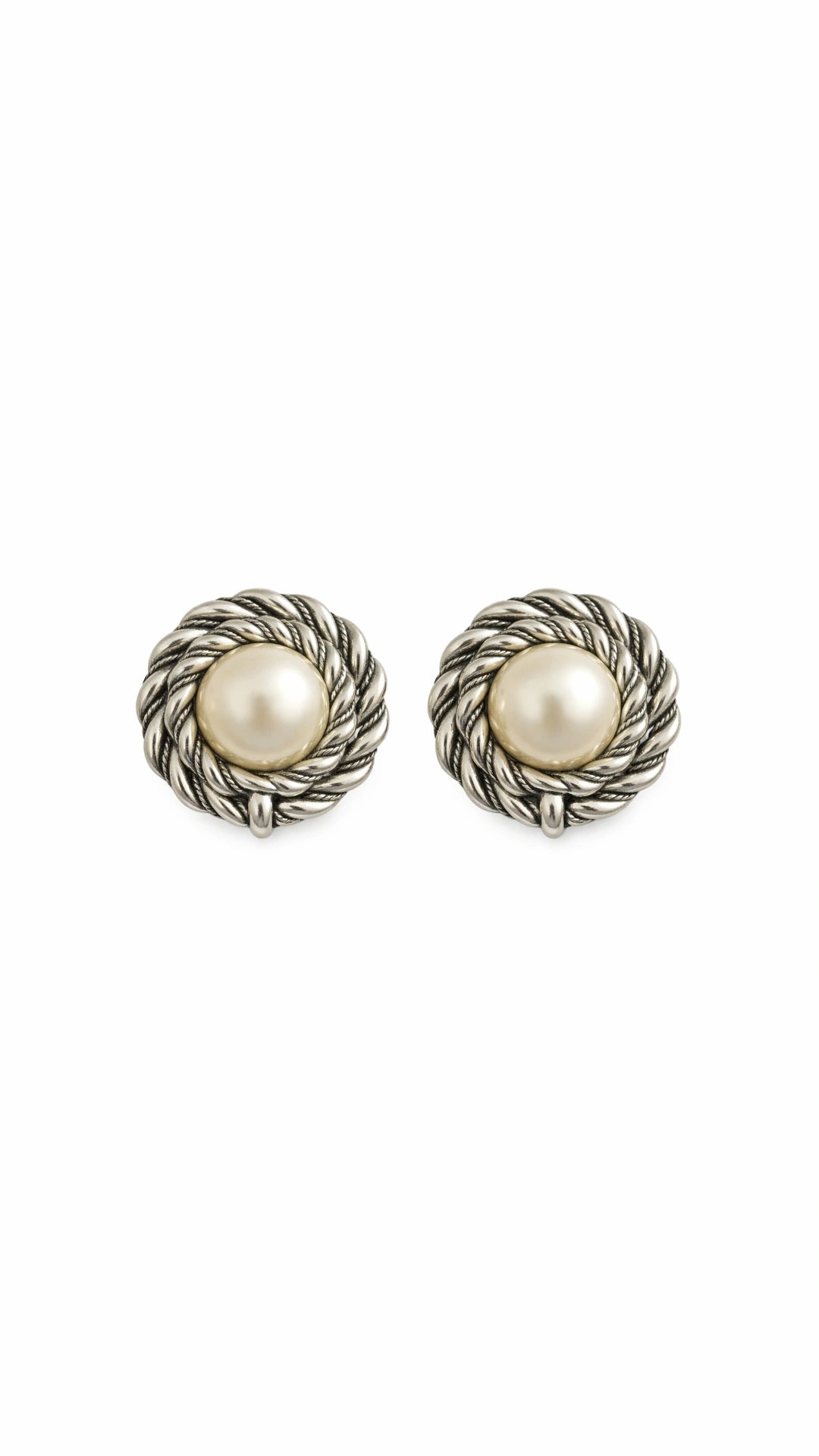 Pearl Vintage style Clip-On Earrings — Silver Rope Frame